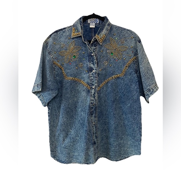 Vintage Tops - VTG 80’s Short Sleeve Acid Wash Denim Beaded & Embellished Button Up Shirt M